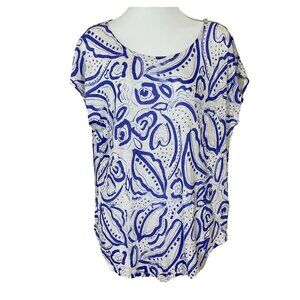 C & C California 100% Linen Cap Sleeve Blue White Floral Curved Hem Tee Small